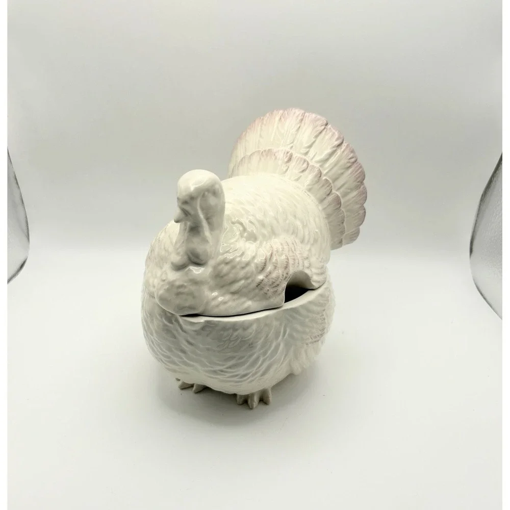 Ceramic Turkey Gravy Boat Lidded Tureen White with Purple Accents Thanksgiving